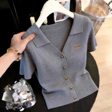 轻奢风复古翻领短袖针织衫女夏季新款设计感修身显瘦气质上衣 服裝批發女裝批發服飾貨源