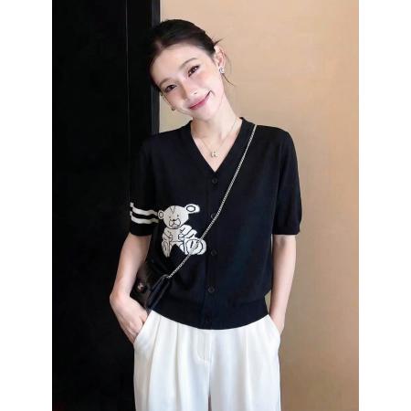 春夏新款高级感超好看卡通小熊条纹短袖开衫宽松V领外套女潮 服裝批發女裝批發服飾貨源