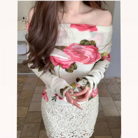 SYA奚小西软糯法式浪漫玫瑰一字肩长袖女春季全羊毛针织印花上衣 服裝批發女裝批發服飾貨源