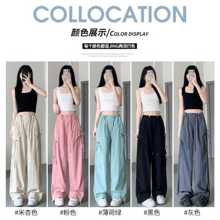 原版做法美式运动裤女夏季高腰直筒蝴蝶结休闲卡其色速干工装裤 服裝批發女裝批發服飾貨源