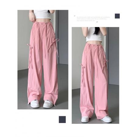 原版做法美式运动裤女夏季高腰直筒蝴蝶结休闲卡其色速干工装裤 服裝批發女裝批發服飾貨源