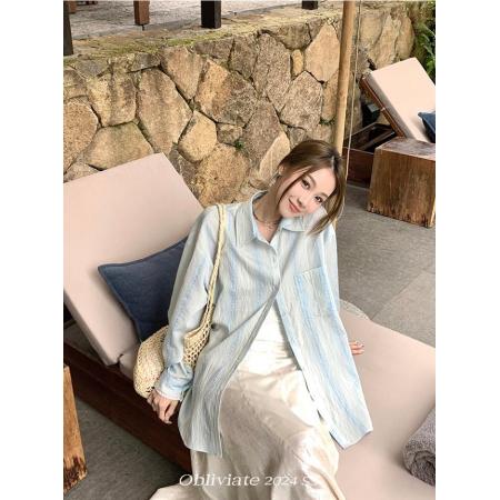 一忘皆空/背后小心机’23%天丝浅蓝衬衫女夏季蕾丝拼接长袖上衣 服裝批發女裝批發服飾貨源