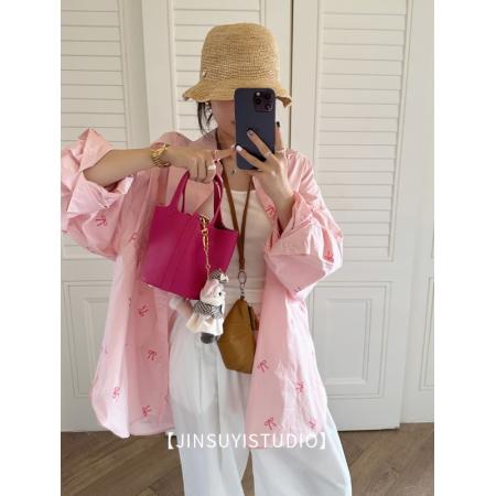金苏一粉色蝴蝶结印花衬衫女春夏休闲长袖防晒薄外套上衣潮 服裝批發女裝批發服飾貨源
