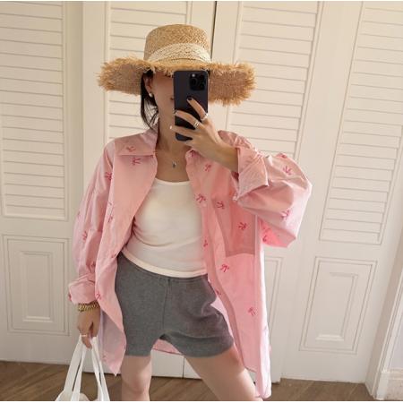 金苏一粉色蝴蝶结印花衬衫女春夏休闲长袖防晒薄外套上衣潮 服裝批發女裝批發服飾貨源