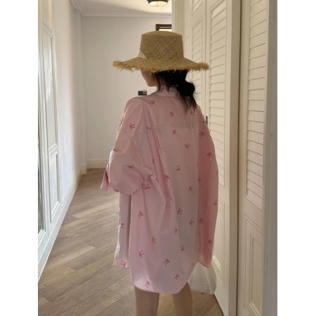 金苏一粉色蝴蝶结印花衬衫女春夏休闲长袖防晒薄外套上衣潮 服裝批發女裝批發服飾貨源