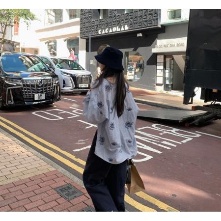 自制慵懒腔调重工刺绣V领宽松长袖衬衫 服裝批發女裝批發服飾貨源