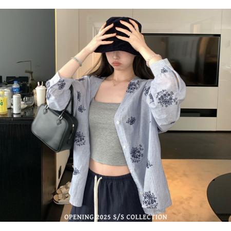 自制慵懒腔调重工刺绣V领宽松长袖衬衫 服裝批發女裝批發服飾貨源