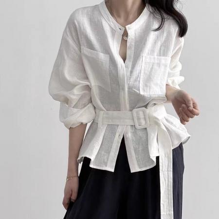 BY12113# 牛X货巨炸裂紫色亚麻长袖衬衫女春秋高级感系腰带收腰显瘦上衣 服裝批發女裝批發服飾貨源