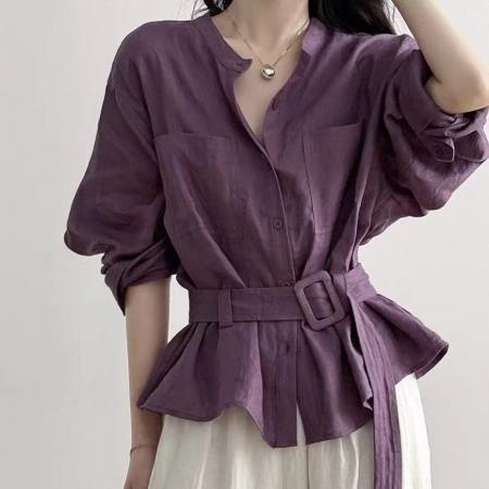 BY12113# 牛X货巨炸裂紫色亚麻长袖衬衫女春秋高级感系腰带收腰显瘦上衣 服裝批發女裝批發服飾貨源