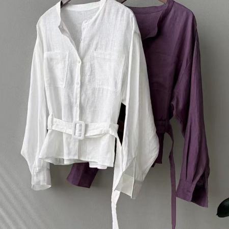 BY12113# 牛X货巨炸裂紫色亚麻长袖衬衫女春秋高级感系腰带收腰显瘦上衣 服裝批發女裝批發服飾貨源