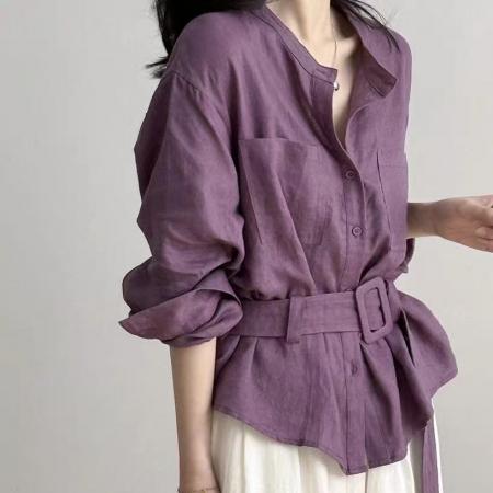 BY12113# 牛X货巨炸裂紫色亚麻长袖衬衫女春秋高级感系腰带收腰显瘦上衣 服裝批發女裝批發服飾貨源
