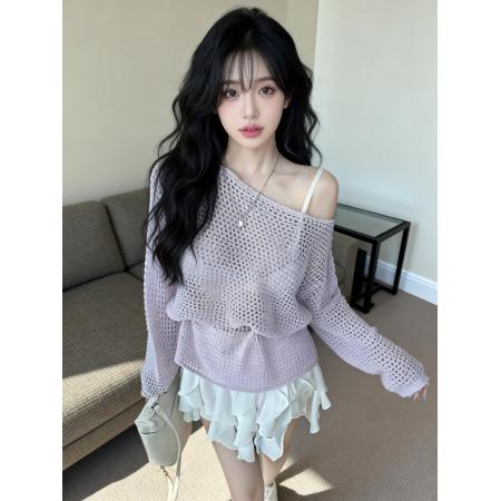 度假风纯色镂空宽松慵懒防晒罩衫气质长袖上衣配腰绳 服裝批發女裝批發服飾貨源