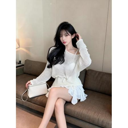 度假风纯色镂空宽松慵懒防晒罩衫气质长袖上衣配腰绳 服裝批發女裝批發服飾貨源