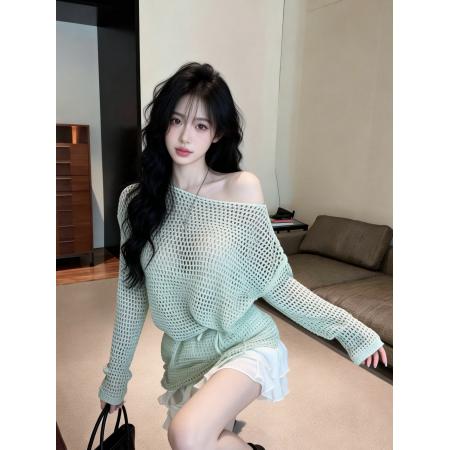 度假风纯色镂空宽松慵懒防晒罩衫气质长袖上衣配腰绳 服裝批發女裝批發服飾貨源