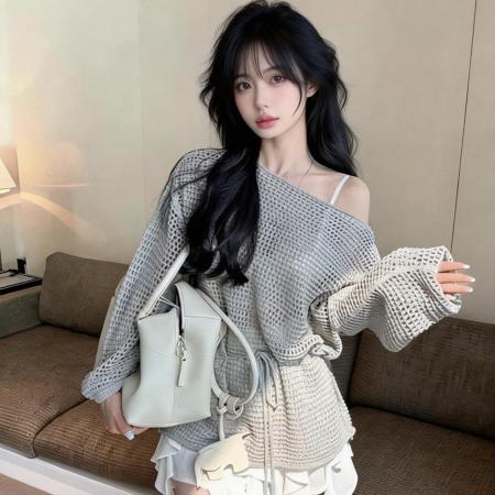 度假风纯色镂空宽松慵懒防晒罩衫气质长袖上衣配腰绳 服裝批發女裝批發服飾貨源