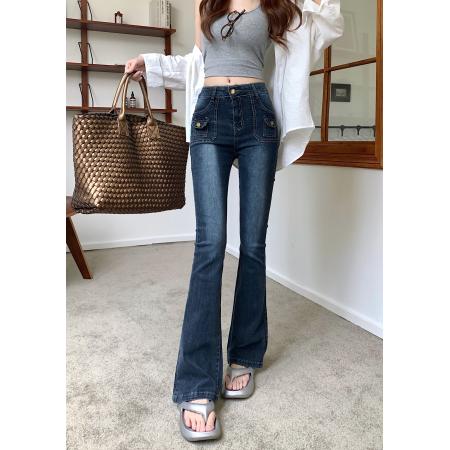 BY12117# 美式复古蓝工装牛仔裤高腰喇叭裤微喇裤女春秋新款弹力裤子 服裝批發女裝批發服飾貨源