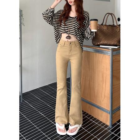 BY12118# 美式卡其色高腰修身微喇牛仔裤女春秋显瘦紧身马蹄裤拖地裤 服裝批發女裝批發服飾貨源