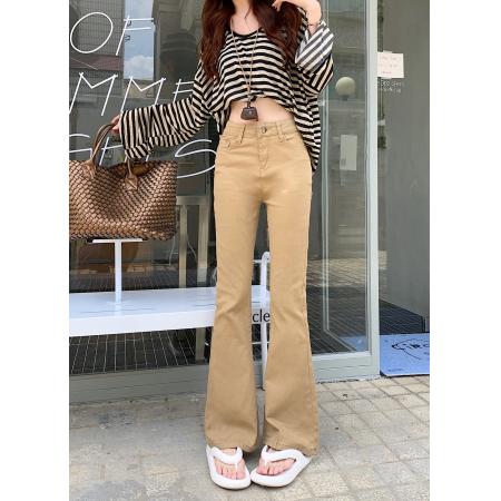 BY12118# 美式卡其色高腰修身微喇牛仔裤女春秋显瘦紧身马蹄裤拖地裤 服裝批發女裝批發服飾貨源