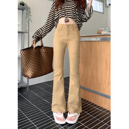 BY12118# 美式卡其色高腰修身微喇牛仔裤女春秋显瘦紧身马蹄裤拖地裤 服裝批發女裝批發服飾貨源