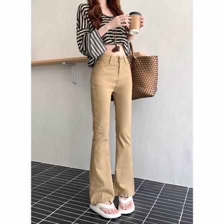 BY12118# 美式卡其色高腰修身微喇牛仔裤女春秋显瘦紧身马蹄裤拖地裤 服裝批發女裝批發服飾貨源