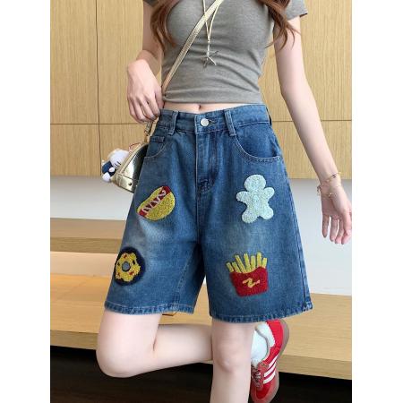 BY12119# 美式汉堡薯条刺绣高腰五分牛仔裤女夏季新款慵懒感阔腿短裤 服裝批發女裝批發服飾貨源