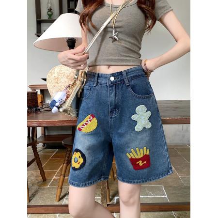 BY12119# 美式汉堡薯条刺绣高腰五分牛仔裤女夏季新款慵懒感阔腿短裤 服裝批發女裝批發服飾貨源