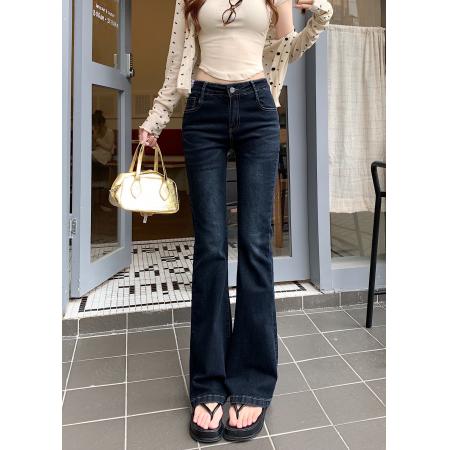 BY12125# 复古水洗深蓝色微喇叭牛仔裤女修身显瘦高腰弹力质感马蹄裤 服裝批發女裝批發服飾貨源