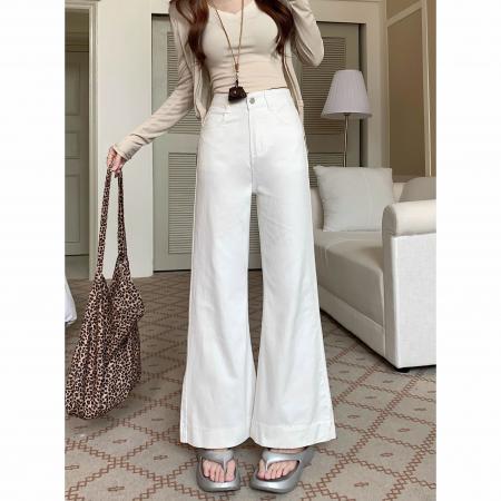 BY12126# 辣妹纯色褶皱高腰牛仔微喇裤女春秋性感垂感显瘦马蹄长裤子 服裝批發女裝批發服飾貨源