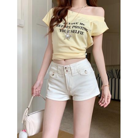 BY12127# 白色装饰口袋高腰紧身牛仔短裤女夏季辣妹修身弹力休闲短裤 服裝批發女裝批發服飾貨源