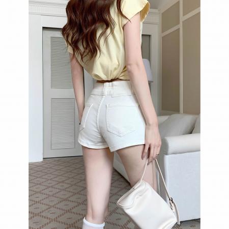 BY12127# 白色装饰口袋高腰紧身牛仔短裤女夏季辣妹修身弹力休闲短裤 服裝批發女裝批發服飾貨源