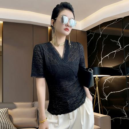 BY12128# 欧洲站春夏新款简约风V领高端蕾丝短袖女修身镂空气质上衣T恤 服裝批發女裝批發服飾貨源