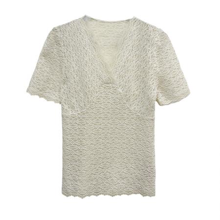 BY12128# 欧洲站春夏新款简约风V领高端蕾丝短袖女修身镂空气质上衣T恤 服裝批發女裝批發服飾貨源