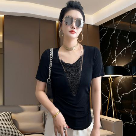 BY12129# 夏季高级感V领串珠镂空短袖女气质显瘦百搭轻熟别致独特上衣 服裝批發女裝批發服飾貨源