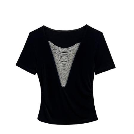 BY12129# 夏季高级感V领串珠镂空短袖女气质显瘦百搭轻熟别致独特上衣 服裝批發女裝批發服飾貨源
