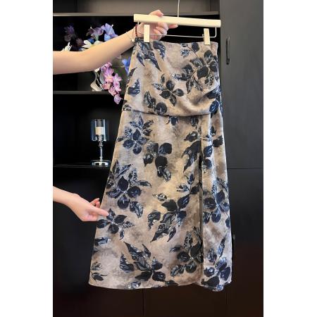 BY12131# 品质五线打边夏季碎花开叉褶皱气质高腰半身裙 服裝批發女裝批發服飾貨源