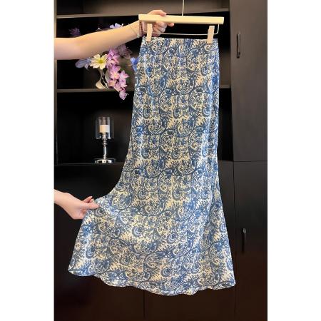 BY12132# 品质五线打边青花瓷印花透纱斜裁鱼尾半身裙 服裝批發女裝批發服飾貨源