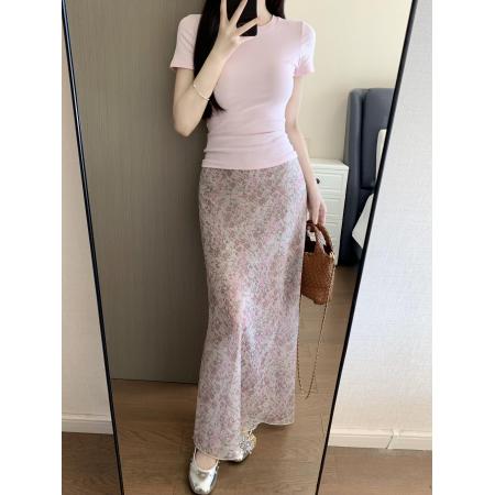 BY12134# 品质五线打边粉色碎花半身裙女高腰中长款鱼尾裙 服裝批發女裝批發服飾貨源