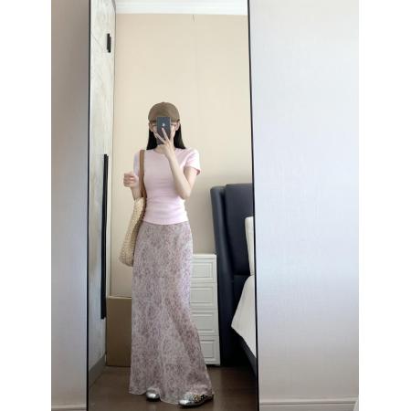 BY12134# 品质五线打边粉色碎花半身裙女高腰中长款鱼尾裙 服裝批發女裝批發服飾貨源