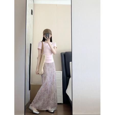 BY12134# 品质五线打边粉色碎花半身裙女高腰中长款鱼尾裙 服裝批發女裝批發服飾貨源