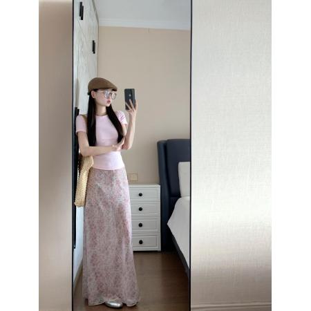 BY12134# 品质五线打边粉色碎花半身裙女高腰中长款鱼尾裙 服裝批發女裝批發服飾貨源