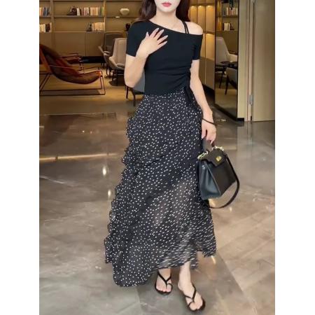 BY12135# 品质五线打边法式度假风显瘦高腰波点半身裙 服裝批發女裝批發服飾貨源