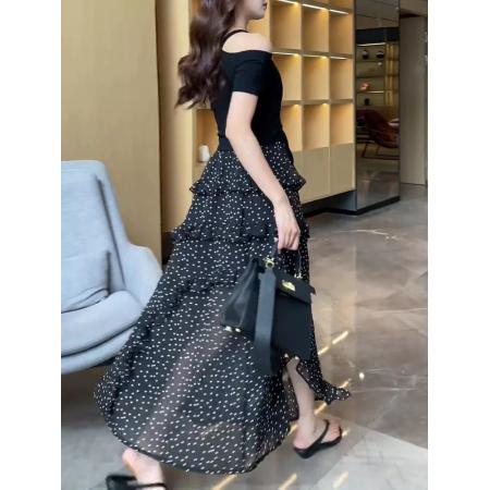 BY12135# 品质五线打边法式度假风显瘦高腰波点半身裙 服裝批發女裝批發服飾貨源