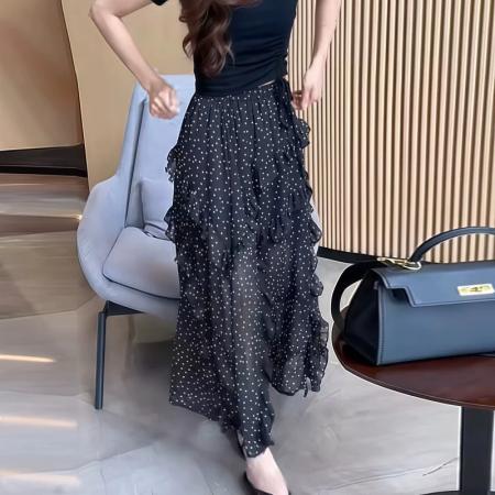 BY12135# 品质五线打边法式度假风显瘦高腰波点半身裙 服裝批發女裝批發服飾貨源
