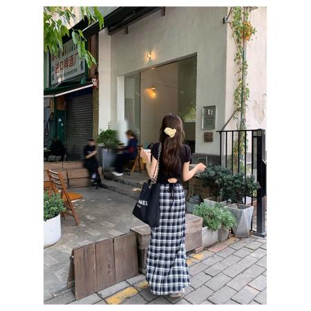 BY12136# 黑白格子气质显瘦复古裙子半裙夏季长裙女设计感时尚半身裙 服裝批發女裝批發服飾貨源