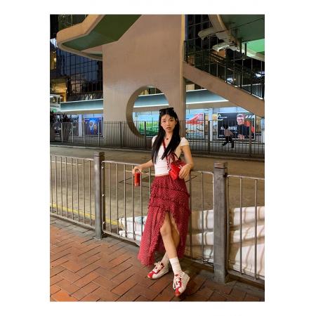 BY12137# a字半身裙女新款超火长裙不规则波点蛋糕裙红色裙子女 服裝批發女裝批發服飾貨源