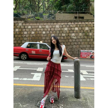 BY12137# a字半身裙女新款超火长裙不规则波点蛋糕裙红色裙子女 服裝批發女裝批發服飾貨源