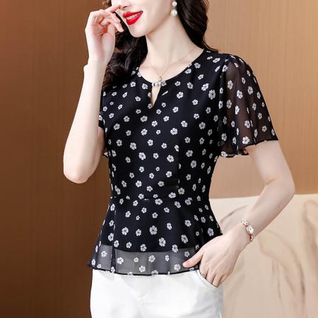 修身黑碎花雪纺上衣韩版甜美淑女女夏季新款洋气减龄显瘦法式衬衫 服裝批發女裝批發服飾貨源