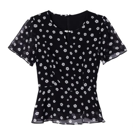 修身黑碎花雪纺上衣韩版甜美淑女女夏季新款洋气减龄显瘦法式衬衫 服裝批發女裝批發服飾貨源