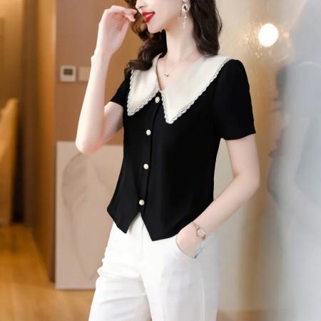 BY12139# 纯棉短袖t恤女显瘦新款夏季女装正肩花边领上衣设计感半袖针织衫 服裝批發女裝批發服飾貨源