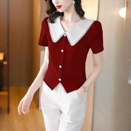 BY12139# 纯棉短袖t恤女显瘦新款夏季女装正肩花边领上衣设计感半袖针织衫 服裝批發女裝批發服飾貨源